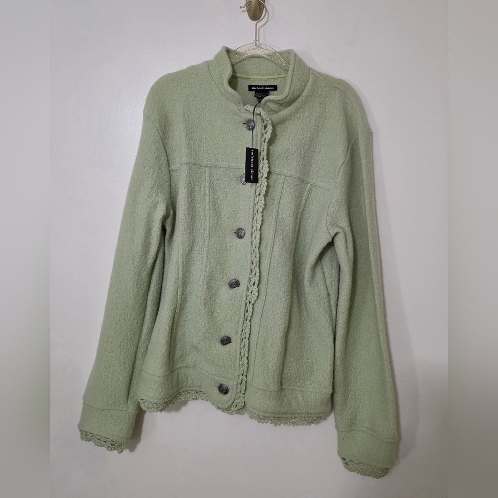 NWT Michael Simon 100% Boiled Wool Jacket Crochet Lace Cottagecore Earthy Large